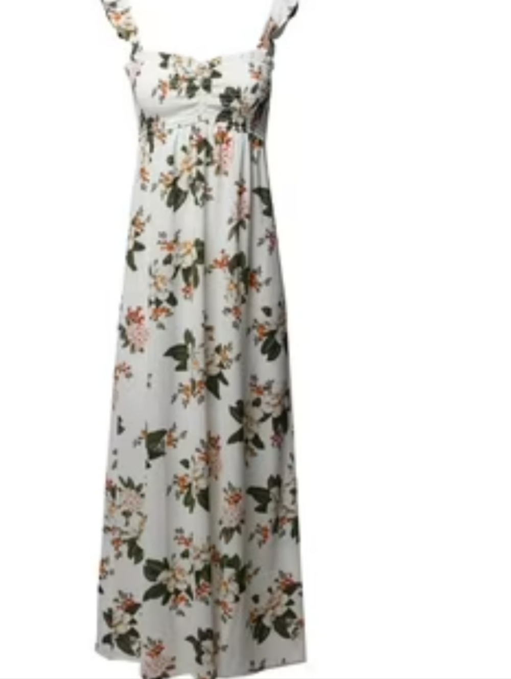 DNA couture White Floral Maxi Dress with Green Leaves and Pink Accents